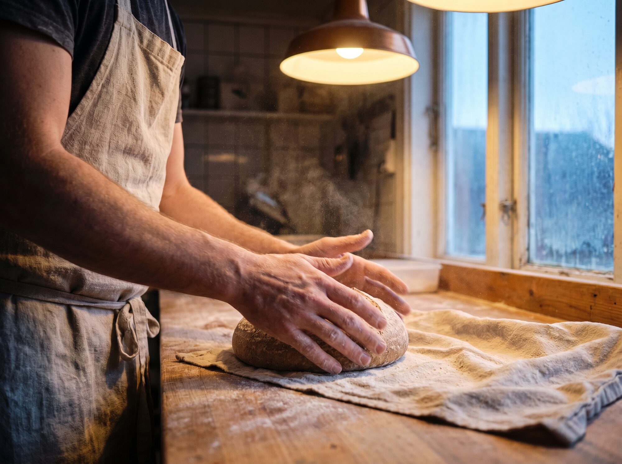 Baker's hands shaping a boule