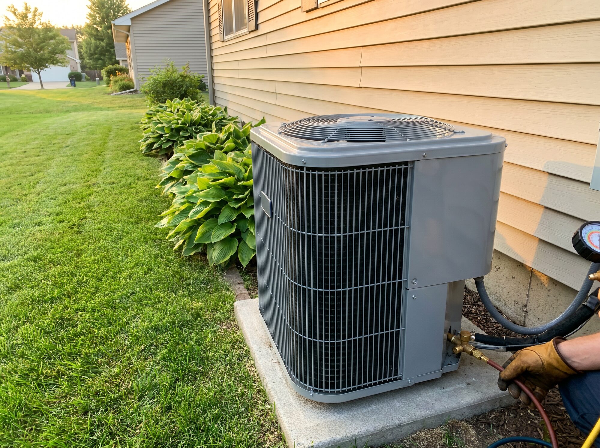 Technician checking a condenser unit in summer