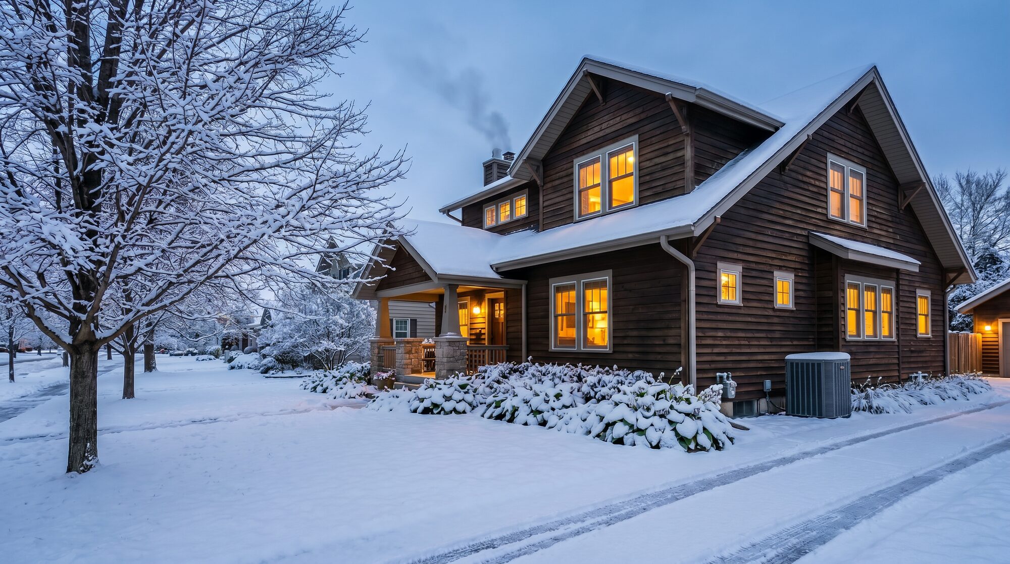The same Wauwatosa home in January, windows glowing warm