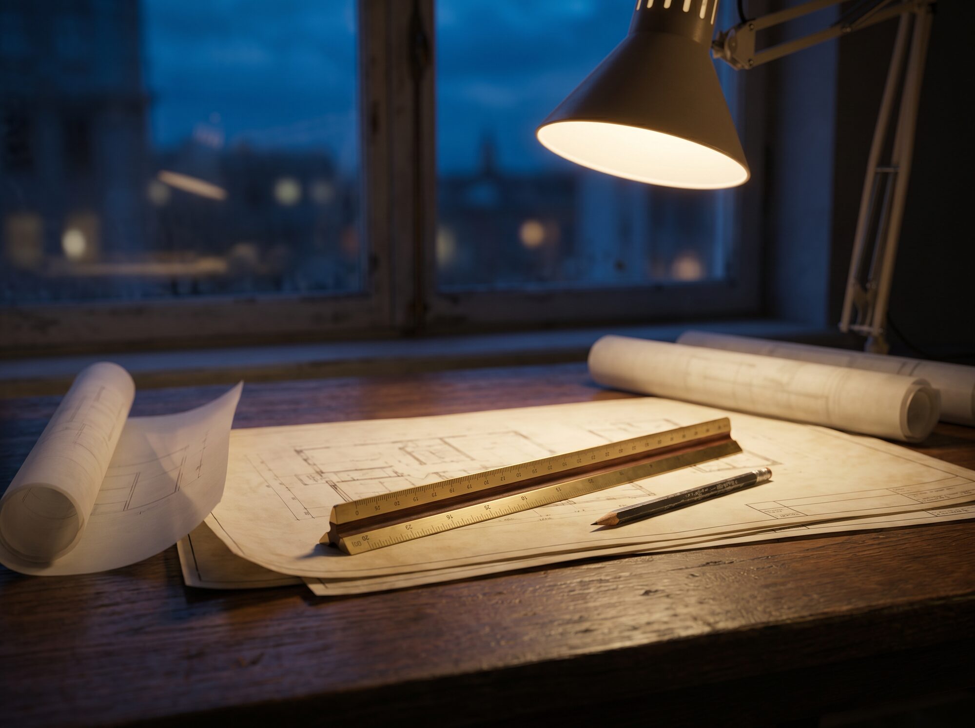 Drawings and scale ruler under a desk lamp