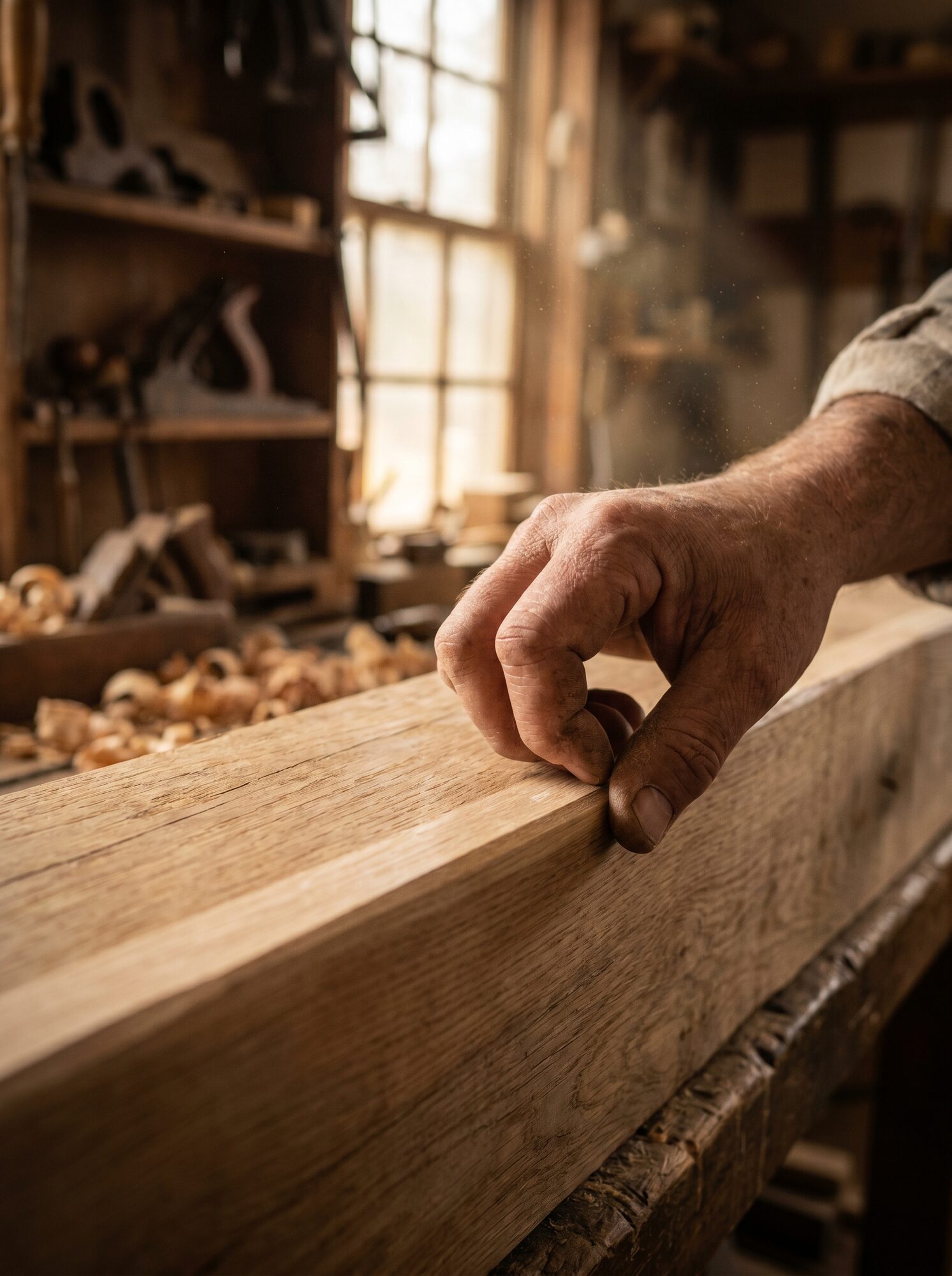 Craftsman's hand on a planed white-oak beam