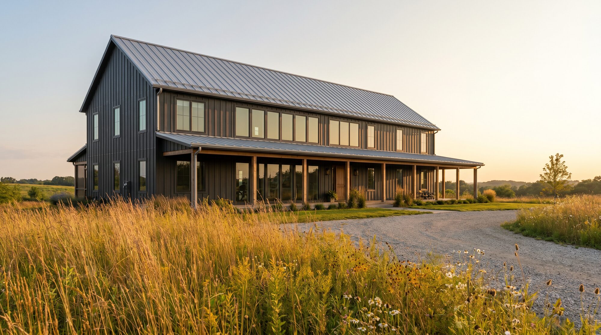 Modern farmhouse in golden evening prairie light
