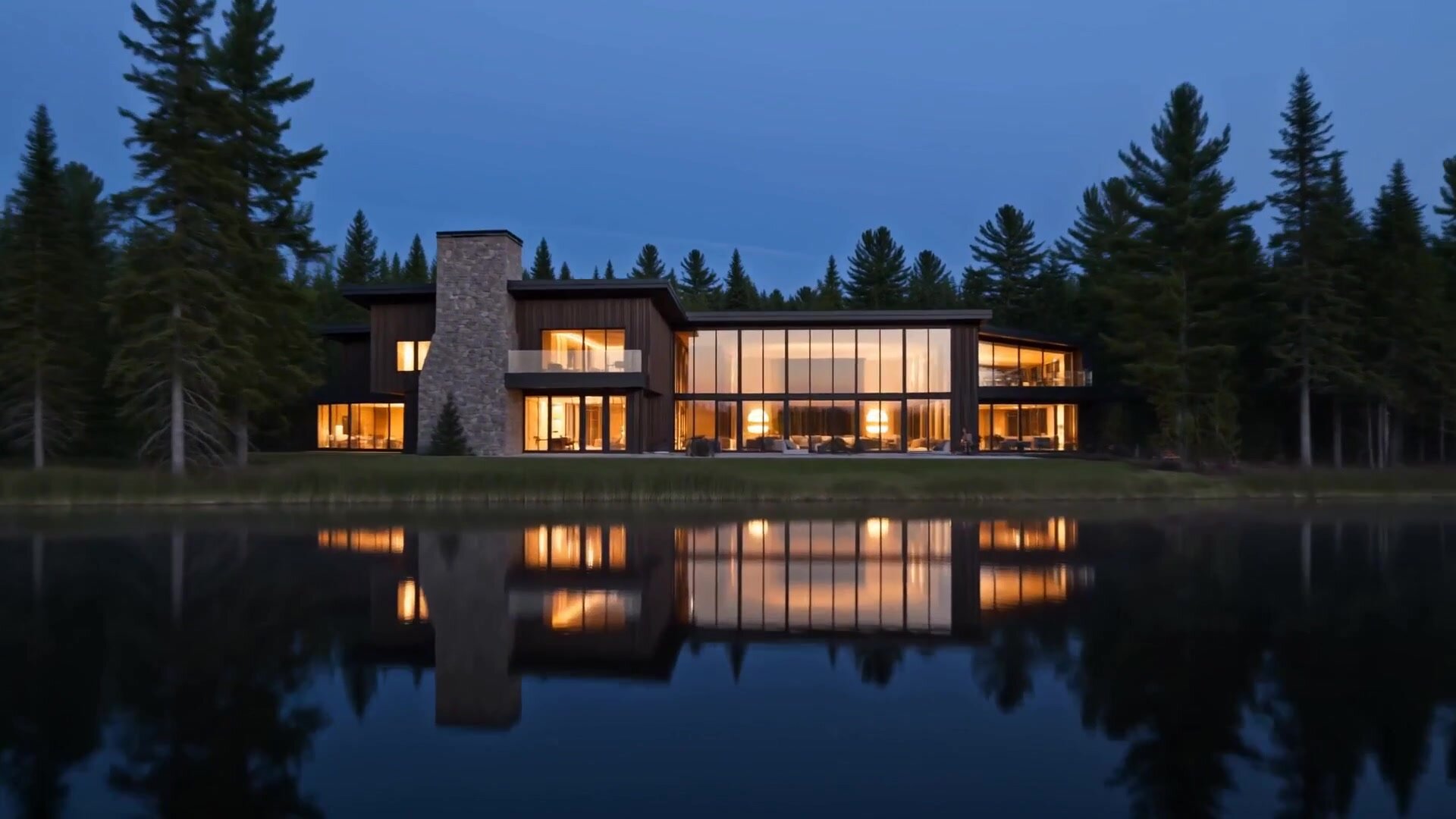 A Vesper custom home glowing at dusk across a still lake
