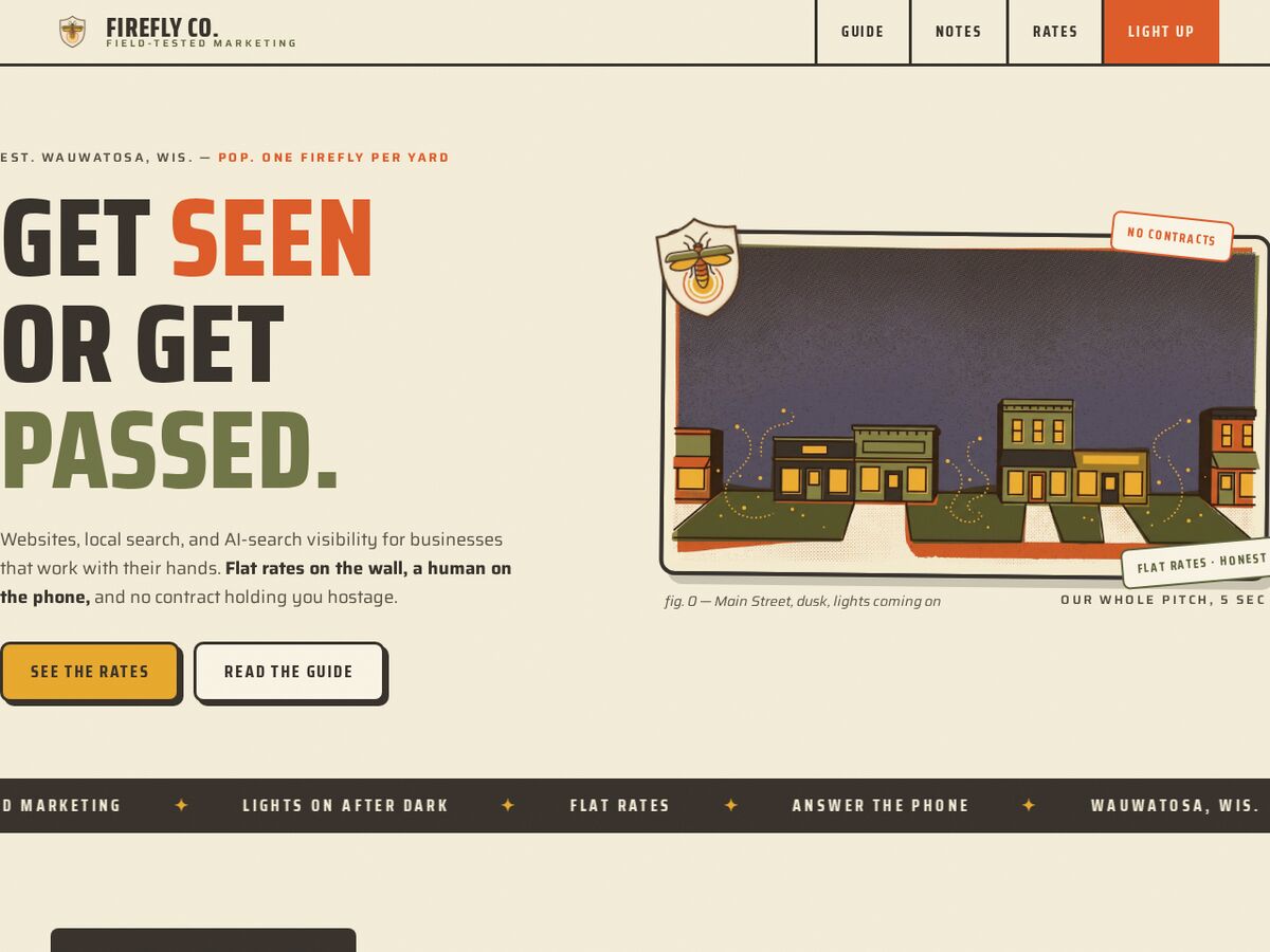 Firefly Co. concept — parchment field-guide page reading Get Seen or Get Passed