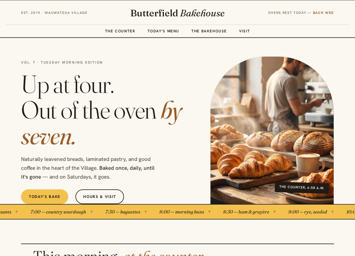Butterfield Bakehouse demo with editorial masthead and arched morning-counter photo