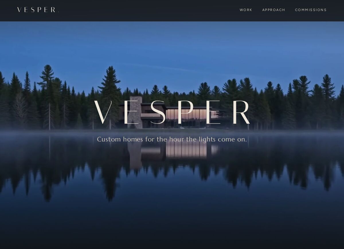 Vesper Custom Homes demo with a dusk lake house and serif wordmark